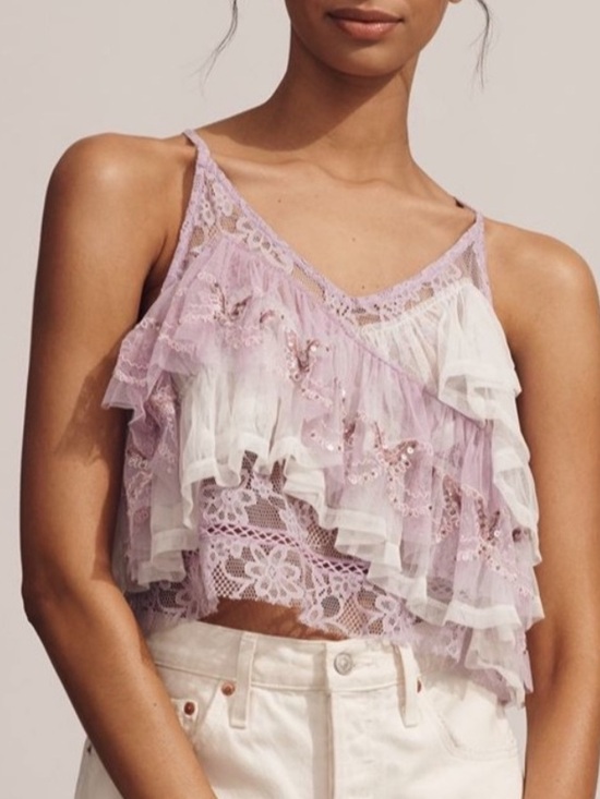 Anthropologie Tops - Anthropologie Lavender and White Lace Tiered Camisole